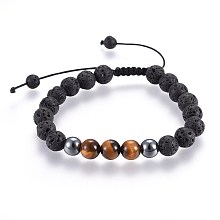 Honeyhandy Natural Lava Rock and Non-Magnetic Synthetic Hematite Beads Braided Bead Bracelets, with Natural Tiger Eye, 2-1/8 inch~3 inch(5.3~7.8cm)