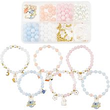 SUNNYCLUE 1 Box DIY 6Pcs Easter Rabbit Charms Enamel Bunny Charms Beaded Bracelets Making Kit Carrot Charm Planet Moon Crescent Charm Round Glass Beads Faceted Bead for Jewelry Making Beading Kits