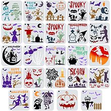 GORGECRAFT 24 Styles Pumpkin Faces Stencil Plastic Halloween Drawing Templates Hollow Out Happy Halloween Ghost Witch Hat Spiders Bats Ornaments Moon Cross Tombstone Skull Reaper Gnomes Castle Stencil