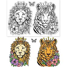 GLOBLELAND Lion and Tiger Clear Stamp Animal Flower Silicone Clear Stamp The King of The Forest Embossing Stencils Template for DIY Scrapbooking Cards Making Photo Album Decorative