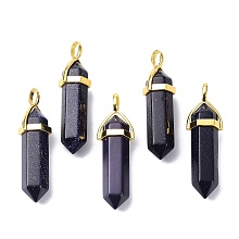 Honeyhandy Synthetic Blue Goldstone Pointed Pendants, with Random Brass Pendant Hexagon Bead Cap Bails, Golden, Bullet, 38.5~40x12~12.5x10~11mm, Hole: 3x4.5mm