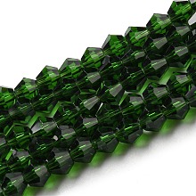 Honeyhandy Transparent Glass Beads Strands, Faceted, Bicone, Dark Green, 4x4mm, Hole: 0.8mm, about 82~85pcs/strand, 30.5~31cm