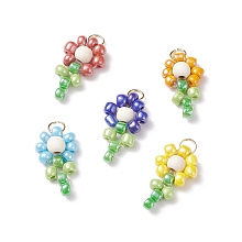 Glass Seed Beaded Pendants, with Synthetic Turquoise Beads and Nylon Wire, Flower, Mixed Color, 16~17x10x4.2mm, Hole: 1.5x3mm