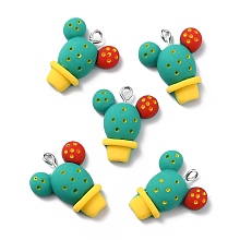 Honeyhandy Resin Pendants, with Platinum Iron Peg Bail, Cactus, Light Sea Green, 25x21x7mm, Hole: 2mm