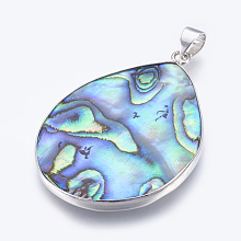 Honeyhandy Abalone Shell/Paua Shell Pendants, with Brass Findings, teardrop, Platinum, 46.5x32x3mm, Hole: 4x5mm