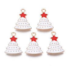 Honeyhandy Alloy Enamel Pendants, Cadmium Free & Lead Free, Christmas Trees, Light Gold, Creamy White, 22.5x16x2mm, Hole: 2mm