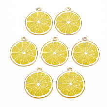 Honeyhandy Light Gold Alloy Enamel Pendants, Cadmium Free & Nickel Free & Lead Free, Lemon Slice, Yellow, 26x23x2mm, Hole: 2mm