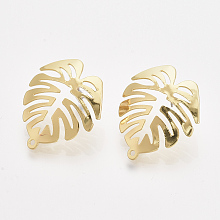 Honeyhandy Tropical Theme Iron Stud Earring Findings, with Steel Pins and Hole, Monstera Leaf, Light Gold, 28x24mm, Hole: 1.4mm, Pin: 1.4mm