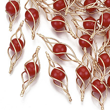 ARRICRAFT Acrylic Pendants, with Light Gold Plated Brass Wire Wire, Twist, FireBrick, 39~40x11~12x10~11mm, Hole: 1mm