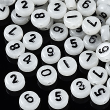 Honeyhandy Luminous Acrylic Beads, Flat Round with Number, Creamy White, 7x3.5~4mm, Hole: 1.2mm