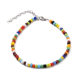 Honeyhandy Opaque Glass Seed Beads Anklets, with 304 Stainless Steel Heart Link Chains & Lobster Claw Clasps, Colorful, Stainless Steel Color, 9-1/2 inch(24cm)