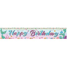 FINGERINSPIRE 118x20inch Birthday Banner with Hanging Rope Colorful Ocean Background Party Supplies Rectangle Polyester Hanging Sign with Mermaid Pattern for Outdoor & Indoor Decor