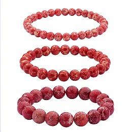 Honeyhandy 3Pcs 3 Size Synthetic Imperial Jasper Round Beaded Stretch Bracelets Set, Gemstone Jewelry for Women, Dark Red, Inner Diameter: 2-1/8 inch(5.5cm), Beads: 6~10mm, 1Pc/size