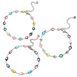 3Pcs 3 Styles 304 Stainless Steel Link Bracelets, with Enamel and Lobster Claw Clasps, Evil Eye, Colorful, Stainless Steel Color, 1pc/style