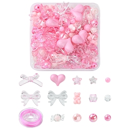 Honeyhandy DIY Cute Beaded Stretch Bracelet Making Kit, Including Star & Square & Candy & Heart & Bowknot & Bear & Round Acrylic Beads, Elastic Thread, Pink, Beads: 184Pcs/box