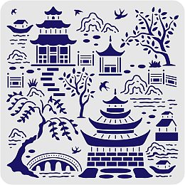 FINGERINSPIRE Secret Garden Toile Drawing Stencil 11.8x11.8inch Reusable Birds Tree Mountains Stencil Buildings Bridge Stencil for Painting on Wood, Floor, Furniture, Wall and Paper