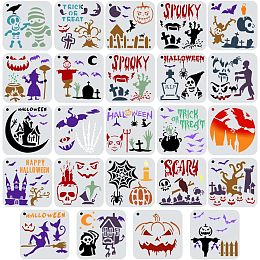 GORGECRAFT 24 Styles Pumpkin Faces Stencil Plastic Halloween Drawing Templates Hollow Out Happy Halloween Ghost Witch Hat Spiders Bats Ornaments Moon Cross Tombstone Skull Reaper Gnomes Castle Stencil