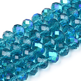 Honeyhandy Electroplate Glass Beads Strands, Half Rainbow Plated, Faceted, Rondelle, Steel Blue, 4x3mm, Hole: 0.4mm, about 123~127pcs/strand, 16.5~16.9 inch(42~43cm)