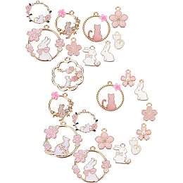 SUNNYCLUE 1 Box 48Pcs 12 Styles Pink Flower Charms Enamel Cat Rabbit Animal Floral Hollow Flat Round Alloy Sakura Pendants Bulk Gold Plated for Jewelry Making Charms DIY Bracelets Earrings Findings