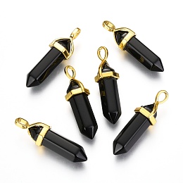 Honeyhandy Natural Black Obsidian Bullet Double Terminated Pointed Pendants, with Golden Tone Random Alloy Pendant Hexagon Bead Cap Bails, 37~40x12.5x10mm, Hole: 3x4.5mm