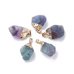 Honeyhandy Natural Fluorite Pendants, with Iron Findings, Plated Gold, Nuggets, 25~31x15~22x12~16mm, Hole: 6x4mm