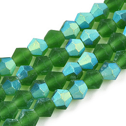 Honeyhandy Imitate Austrian Crystal Bicone Frosted Glass Beads Strands, Grade AA, Faceted, Green, 4x4mm, Hole: 1mm, about 87~89pcs/strand, 13.19~13.39 inch(33.5~34cm)