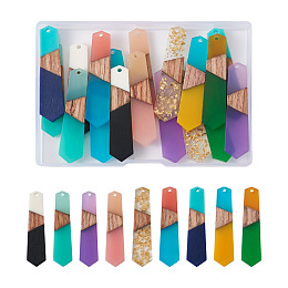 Beadthoven 18Pcs 9 Styles Resin & Walnut Wood Pendants, Polygon, Mixed Color, 49x12x3.5mm and 49.5x12.5x4mm, 2pcs/style