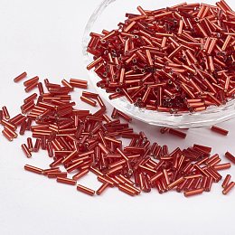 Honeyhandy Glass Bugle Beads, Silver Lined, FireBrick, 12x2mm, Hole: 0.5mm, about 5000pcs/bag