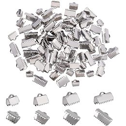 DICOSMETIC 240pcs 4 Sizes 304 Stainless Steel Ribbon Crimp Ends Rectangle Clamp Crimps Fastener Ribbon End Findings with Loop for Jewelry Making