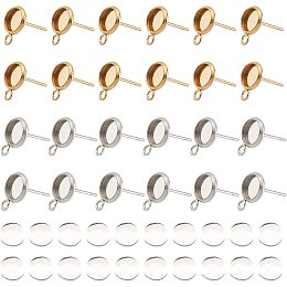 AHANDMAKER 40 Pcs (20Pairs) 304 Stainless Steel Ear Studs with Loops Set, 2 Color Cabochon Blank Earring Studs with 40 Pieces Transparent Glass Cabochons, for DIY Earring Making