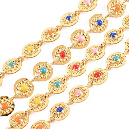 Honeyhandy 304 Stainless Steel Flat Round with Flower Link Chains, with Enamel, Real 18K Gold Plated, Soldered, Colorful, 8.5x6x2mm, about 3.28 Feet(1m)/Strand