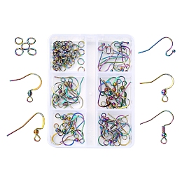 50Pcs 5 Style Ion Plating(IP) Rainbow Color 304 Stainless Steel French & Flat Earring Hooks, with Beads, with 50Pcs Open Jump Rings, 16~19x17~23mm, Hole: 2mm, Pin: 0.6mm, 10pcs/style