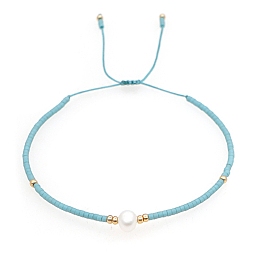 Honeyhandy Glass Imitation Pearl & Seed Braided Bead Bracelets, Adjustable Bracelet, Pale Turquoise, 11 inch(28cm)