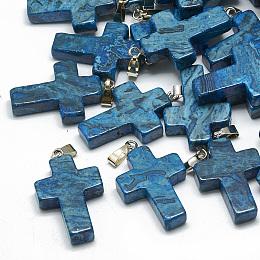 Honeyhandy Dyed Natural Blue Agate Pendants, with Stainless Steel Snap On Bails, Cross, 29~30x18~19x5~6mm, Hole: 6x4mm