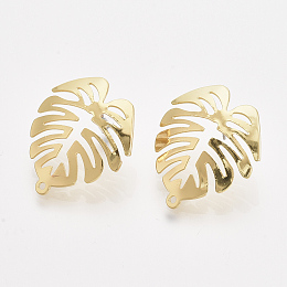 Honeyhandy Tropical Theme Iron Stud Earring Findings, with Steel Pins and Hole, Monstera Leaf, Light Gold, 28x24mm, Hole: 1.4mm, Pin: 1.4mm