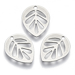 Honeyhandy 201 Stainless Steel Charms, Laser Cut, Hollow, Leaf, Stainless Steel Color, 13x10.5x0.5mm, Hole: 1.2mm