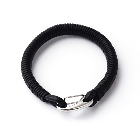Honeyhandy 304 Stainless Steel Leather Cord Bracelets, with Key Clasps, Black, 210x10mm