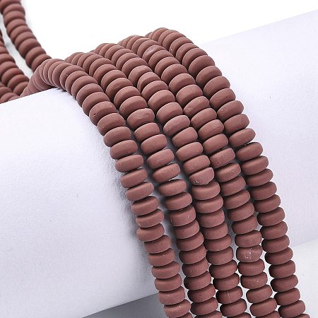 Honeyhandy Handmade Polymer Clay Beads Strands, for DIY Jewelry Crafts Supplies, Flat Round, Saddle Brown, 6~7x3mm, Hole: 1.5mm, about 113~116pcs/strand, 15.55 inch~16.14 inch(39.5~41cm)