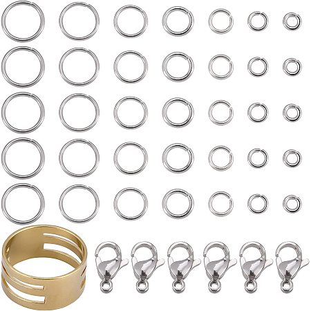 DICOSMETIC 1400pcs 7 Sizes 304 Stainless Steel Open Jump Rings Split Rings with 10pcs Lobster Claw Clasps Chainmaille Rings with Jump Ring Opener for Jewelry Making