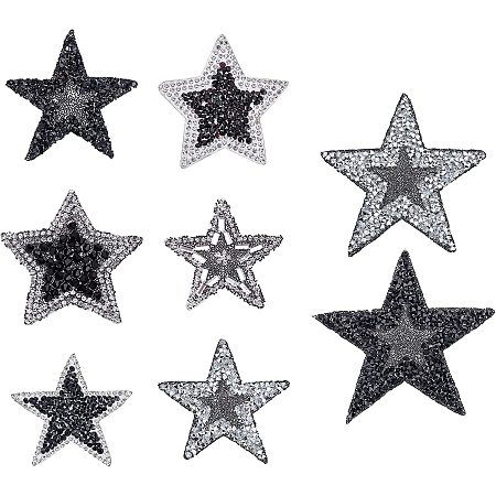 FINGERINSPIRE 8 Pcs Star Shape Rhinestone Applique, Iron/Sew on Applique Patch Black Star Glitter Crystal Diamond Applique for Bags Hats Shirts Clothing DIY Projects