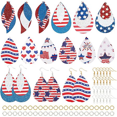 SUPERFINDINGS About 24Pcs 12 Styles American Flag Leather Pendants 3 Sizes Independence Day Theme PU Leather Dangle Pendant Earring Making Kits for DIY Earring Craft Making