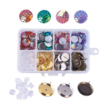 DIY Earring Making, Resin Cabochons with Brass Stud Earrings Settings, Flat Round, Mixed Color, Cabochons: 12x3mm, 80pcs/box; Stud Earrings Settings: Tray: 12mm; 14mm, Pin: 0.7mm, 60pcs/box
