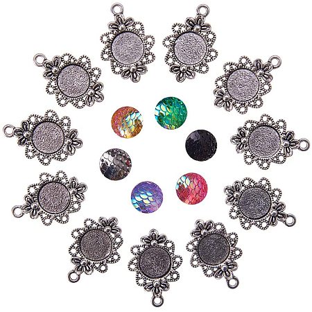 NBEADS DIY Pendant Making Set, Including 20 Pcs Tibetan Style Filigree Alloy Pendant Cabochon Settings and 30 Pcs Mixed Color Mermaid Scale Charm Resin Cabochons for Bracelet Necklace Jewelry Making