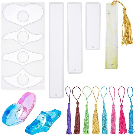 NBEADS 12 Pcs Bookmark Epoxy Resin Mold Set with Colourful Tassel, Bookmark Silicone Epoxy Making Mould Rectangle Resin Casting Mould for Jewelry Decoration Crafts DIY（4 Molds + 8 Tassels）