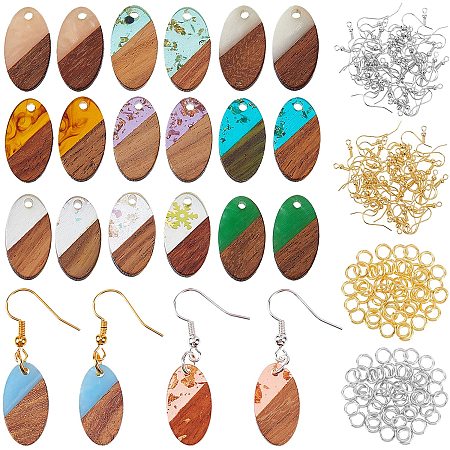 OLYCRAFT 110pcs Resin Wooden Earring Pendants 22pcs Oval Wood Statement Jewelry Findings Wood Earring Accessories with Earring Hooks Jump Rings for Necklace Jewelry Making - 11 Colors