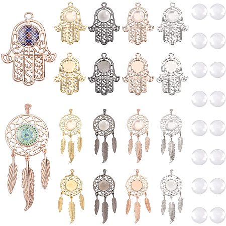 Pandahall Elite 32pcs Pendantds Tray Kit, 4 Color Round Hand Dreamcatcher Bezel Trays Bezels Charms Cameo Setting Cabochon Pendant Luck Charms for DIY Crafting Jewelry Making