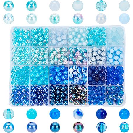 600pcs 24 Color Blue Glass Beads 8mm Blue Sea Round Glass Beads Loose Beads  For Summer Bracelets, Necklaces, Crafts Diy Jewelry Making
