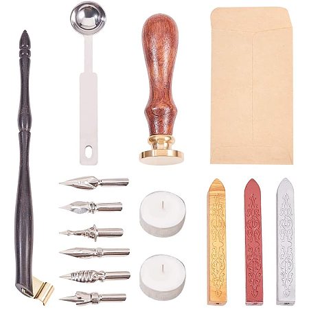 PandaHall Elite Calligraphy Writing Dip Pen Set, Paraffin Candles, Sealing Wax Sticks Without Wicks, Stainless Steel Spoon and DIY Scrapbook, Brass Wax Seal Blank Stamp Head and Wood Handle Sets.