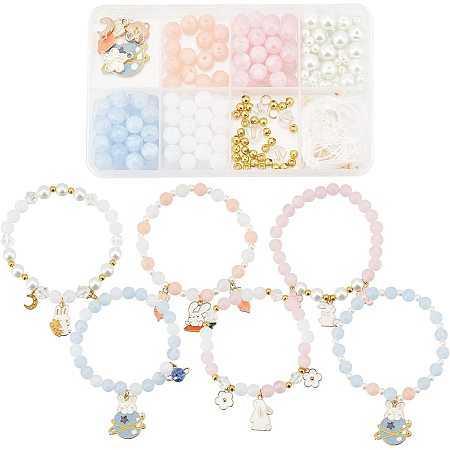 SUNNYCLUE 1 Box DIY 6Pcs Easter Rabbit Charms Enamel Bunny Charms Beaded Bracelets Making Kit Carrot Charm Planet Moon Crescent Charm Round Glass Beads Faceted Bead for Jewelry Making Beading Kits
