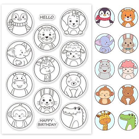 GLOBLELAND Cute Animals Circle Tags Silicone Clear Stamps Transparent Stamps for Birthday Easter Holiday Cards Making DIY Scrapbooking Photo Album Decoration Paper Craft
